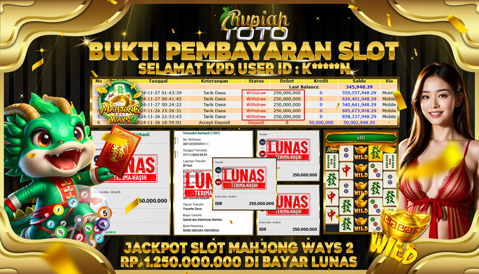 RUPIAHTOTO JACKPOT SLOT MAHJONG WAYS 2 RP.1.250.000.000 JUTA LUNAS