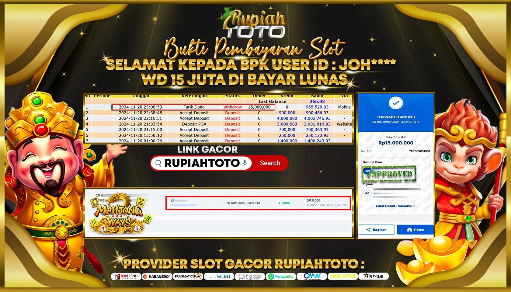 RUPIAHTOTO JACKPOT SLOT MAHJONG 1 RP.15.000.000 JUTA LUNAS