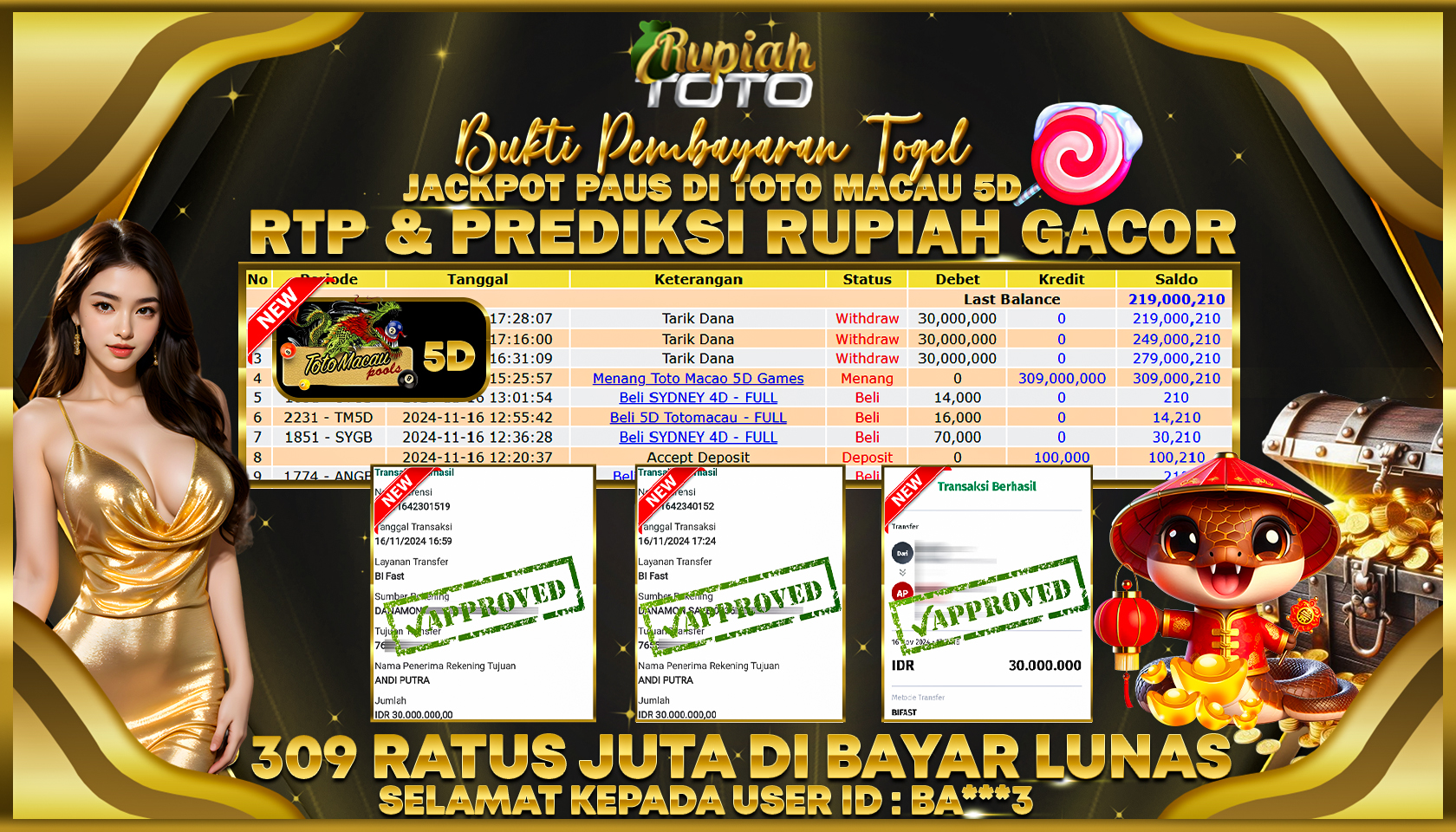 RUPIAHTOTO JACKPOT TOGEL TOTO MACAU 5D RP.309.000.000 JUTA LUNAS