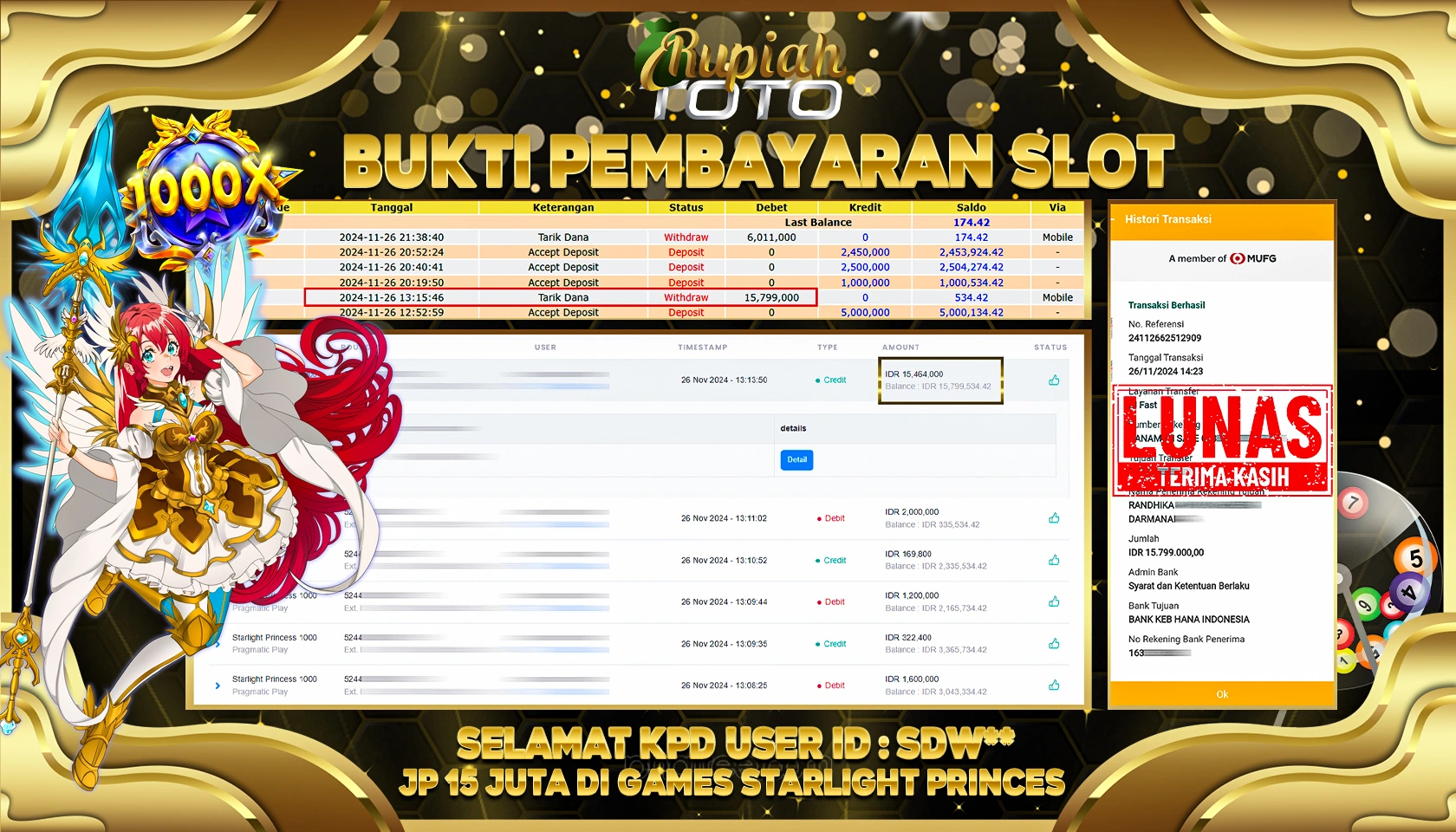 RUPIAHTOTO JACKPOT SLOT STARLIGHT PRINCESS RP.15.000.000 JUTA LUNAS