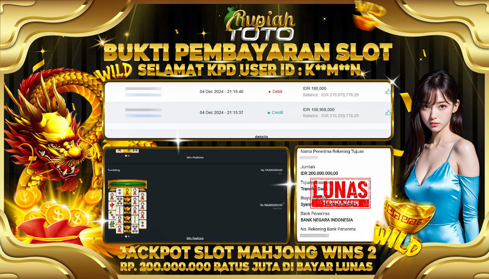RUPIAHTOTO JACKPOT SLOT MAHJONG WINS 2  RP.200.000.000 RATUS JUTA LUNAS